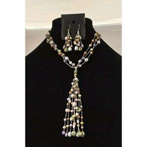 LUC 925 CN Designer Multi- Strand Freshwater Pearls  Lariat Tussle Necklace Set